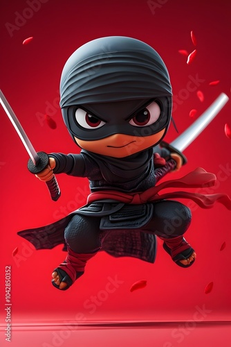 Chibi Ninja Assassin Leaping Through the Air Mid Attack with Katana photo