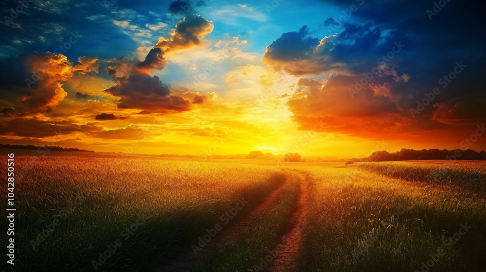 Obraz premium A breathtaking sunset over golden fields, casting a warm glow and painting the sky with vibrant colors.