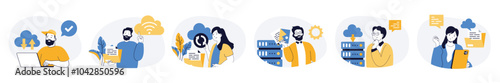 Cloud computing concept set with characters in flat design for web. People downloading digital files for backup in protective storage, sharing content, using online sync service. Vector illustrations.