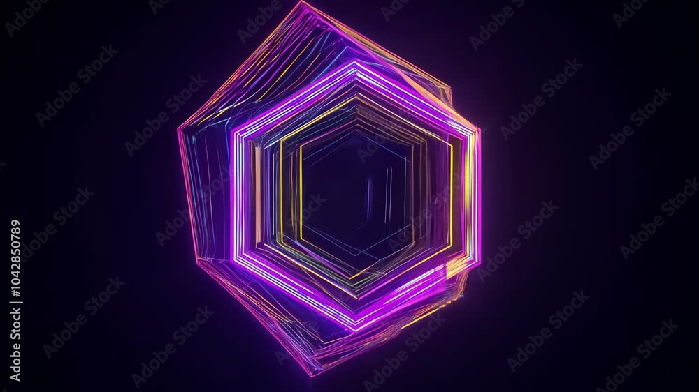 A spinning holographic hexagon with blue, yellow, and green color effects on a black background. The video showcases a dynamic camera movement creating an abstract, futuristic scene with vibrant A spinning holographic hexagon with blue, yellow, and green color effects on a black background. The video showcases a dynamic camera movement creating an abstract, futuristic scene with vibrant