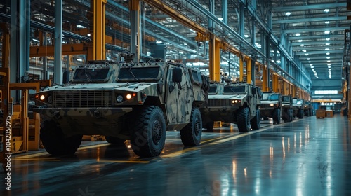 Military vehicles in factory setting, showcasing armored trucks in production line photo