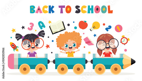 Cartoon Kids Riding Pencil Train