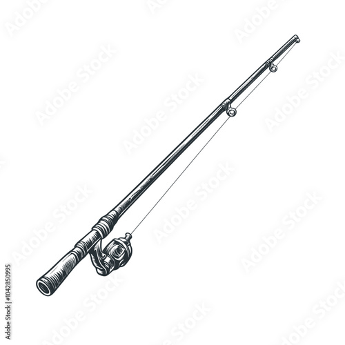 Vintage Fishing Rod Illustration in Black and White