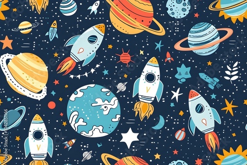 rockets planet stars astronaut seamless pattern kids party textile wallpaper illustration