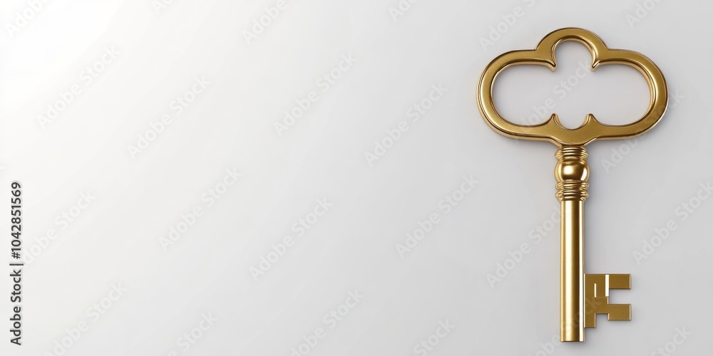 A golden key with a decorative design against a simple white background. A golden key with a decorative design against a simple white background.