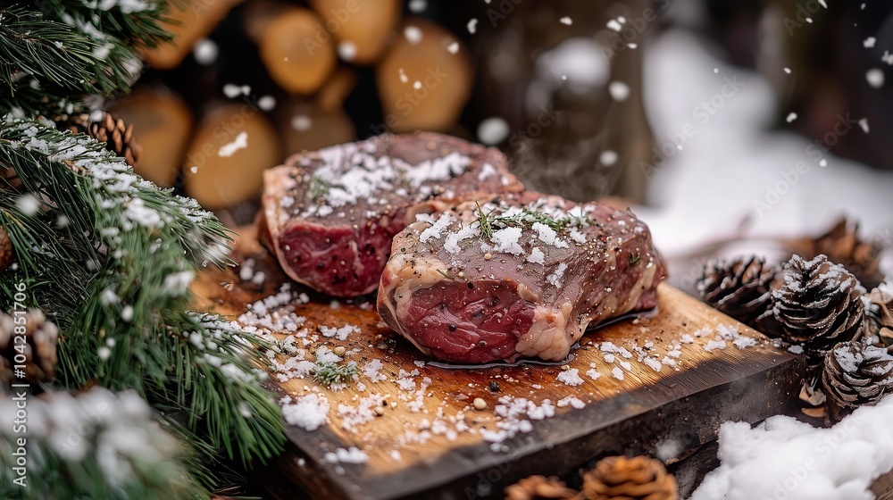 Raw deer meat on a wooden board, surrounded by snow and pine cones, symbolizing hunting and nature. Raw deer meat on a wooden board, surrounded by snow and pine cones, symbolizing hunting and nature.