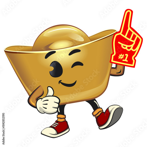 chinese Imperial golden ingot gold money isolated vector cartoon illustration raise foam finger, work of hand drawn