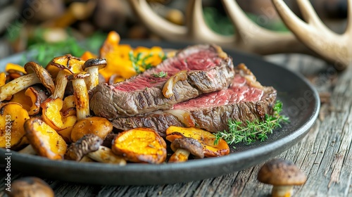 Venison steak with autumn mushrooms on rustic plate, antlers in background.