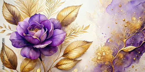Fototapeta Naklejka Na Ścianę i Meble -  Extreme close-up abstract floral art purple watercolor flower painting with gold foil leaf