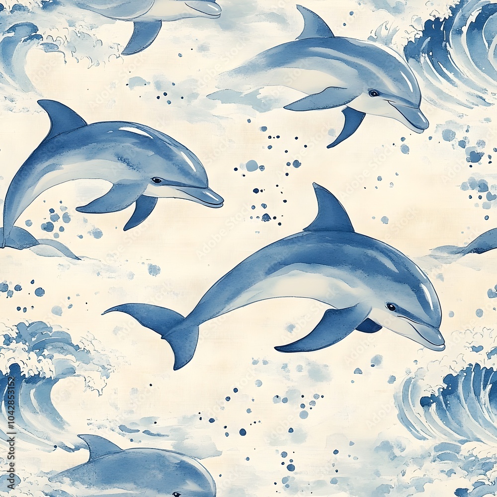 Obraz premium Serene Watercolor Dolphins and Waves Pattern in Soft Gray and Blue Tones