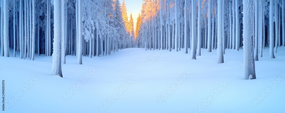 A serene snow-covered forest under a golden sunset with tall trees lining a peaceful pathway. A serene snow-covered forest under a golden sunset with tall trees lining a peaceful pathway.