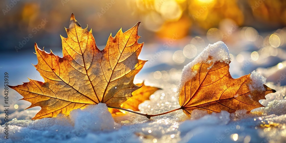 Extreme close-up of golden autumn leaves encased in ice on a snowy morning Extreme close-up of golden autumn leaves encased in ice on a snowy morning