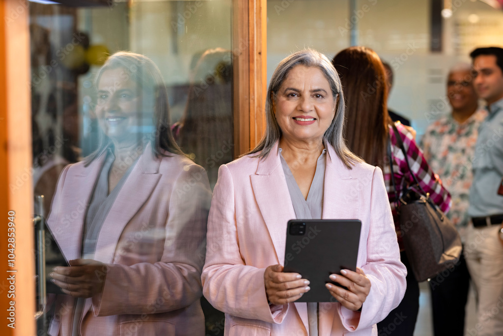 Close-up portrait of a senior smiling business woman standing in the office Close-up portrait of a senior smiling business woman standing in the office