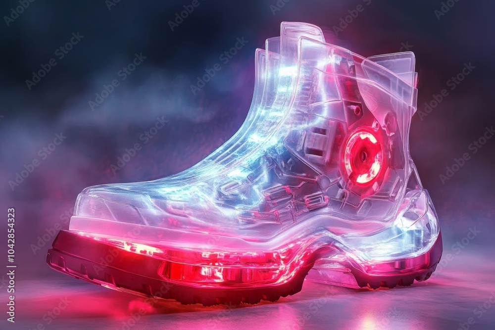 Fototapeta premium futuristic shoe made of translucent plastic, glowing with red and white lights on dark background
