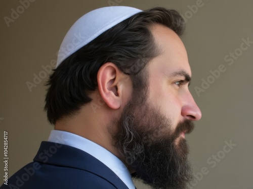 Side profile of a bearded man in formal attire, wearing a white yarmulke indoors with a neutral background