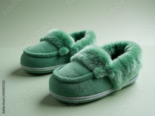 Pair of soft green plush slippers with a thick fur lining, displayed against a matching light green background for a monochromatic look photo