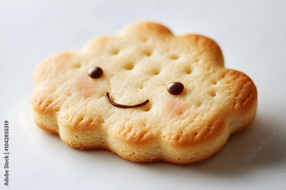 Cute Cloud Shaped Vanilla Cookie with Smiling Face on White Background Cute Cloud Shaped Vanilla Cookie with Smiling Face on White Background