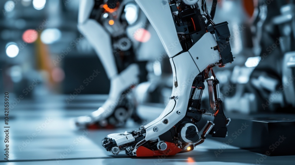 Fototapeta premium An extreme close-up of the dynamic balance control and responsive locomotion systems of a humanoid bipedal robot in a robotics locomotion research lab, Robotics style, photo of