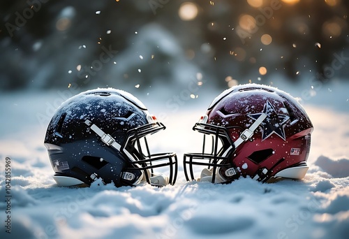 ZAGREB , CROATIA - January 1ST 2016 - Denver Broncos NFL club helmet in the snow and ice , product shot
