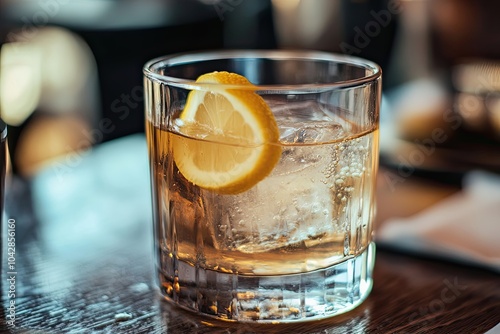 A Glass of Whiskey with Lemon and Ice on a Wooden Table