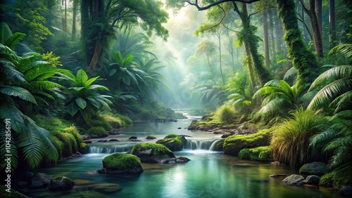 Ethereal rainforest stream scenery with hyper-realistic details, featuring an asymmetrical composition