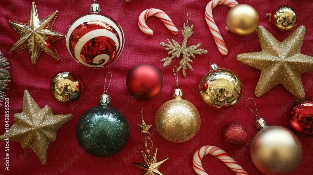 A close-up of Christmas ornaments like shiny baubles, candy canes, and golden stars laid out on a festive red tablecloth, preparing for holiday decor. A close-up of Christmas ornaments like shiny baubles, candy canes, and golden stars laid out on a festive red tablecloth, preparing for holiday decor.