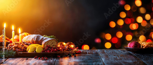 A festive table setup with candles, holiday foods, and blurred colorful lights in the background, creating a warm and inviting atmosphere. photo