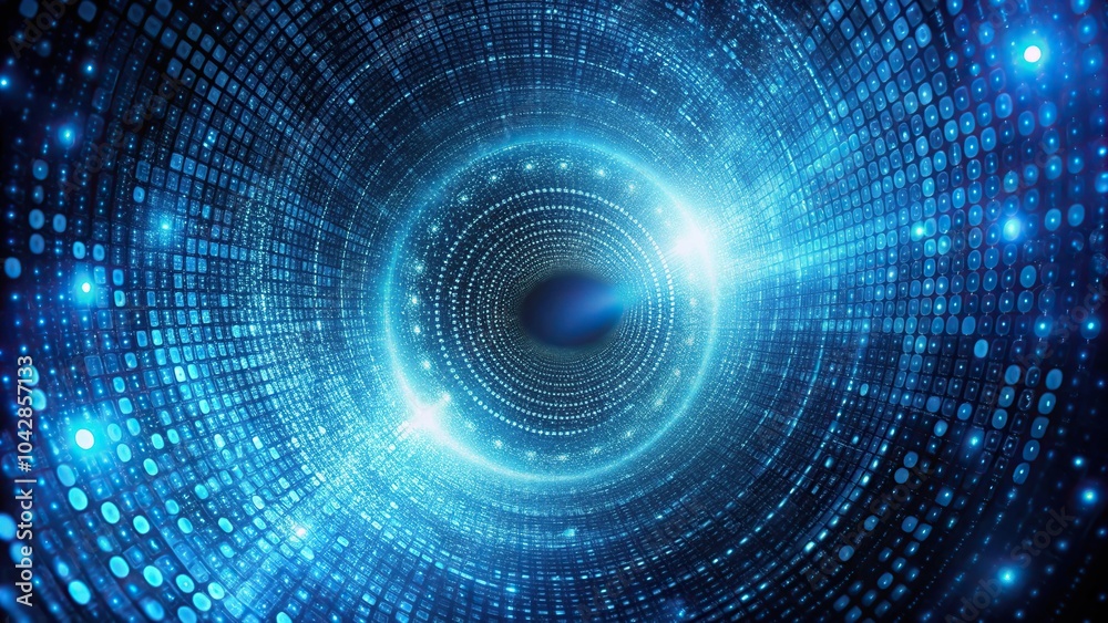 Exploding blue binary code particles swirling in vortex background with depth of field