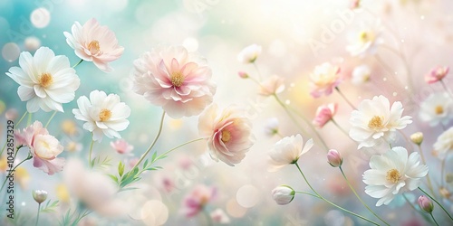 light pastel flowers blowing in the wind against white background