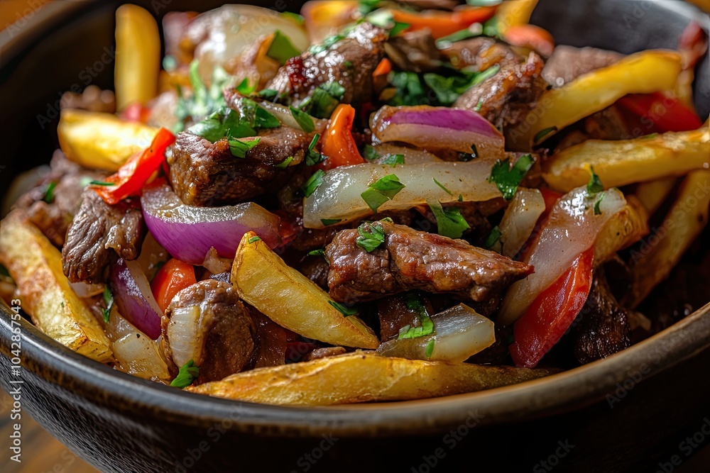 Close-up of Peruvian Lomo Saltado with Beef, Onions, and Potatoes Close-up of Peruvian Lomo Saltado with Beef, Onions, and Potatoes