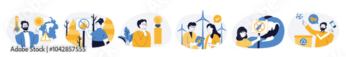 Ecology concept set with characters in flat design for web. People trying to stop climate change and fights wildfires, saving resources, recycling waste, lead eco lifestyle. Vector illustrations.