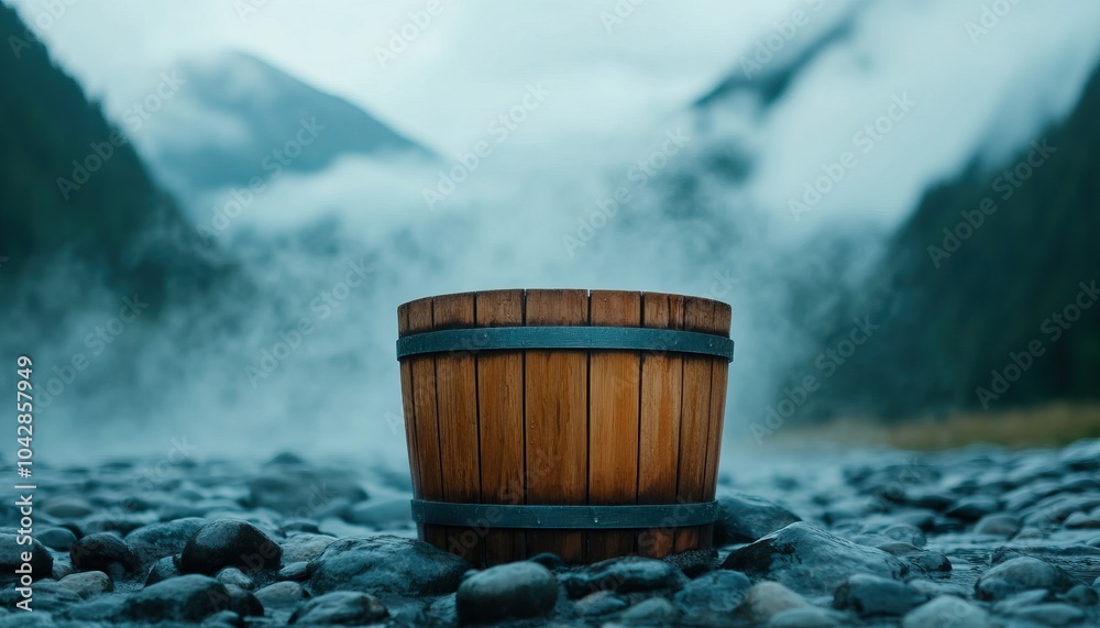 Wooden barrel on rocky riverbed amidst misty mountains and fog. Wooden barrel on rocky riverbed amidst misty mountains and fog.