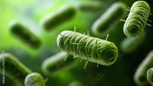 Bacteria close-up, green microorganisms with hair-like structures, scientific illustration