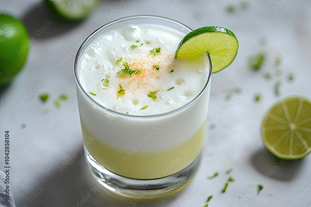 Pisco Sour Cocktail with Lime Garnish in a Glass Pisco Sour Cocktail with Lime Garnish in a Glass