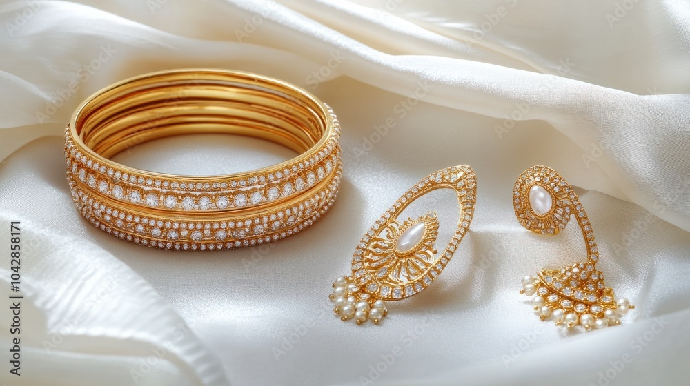 A set of golden bangles and earrings laid out neatly on a white satin cloth, showcasing the fine detailing and brilliance of the gold. A set of golden bangles and earrings laid out neatly on a white satin cloth, showcasing the fine detailing and brilliance of the gold.
