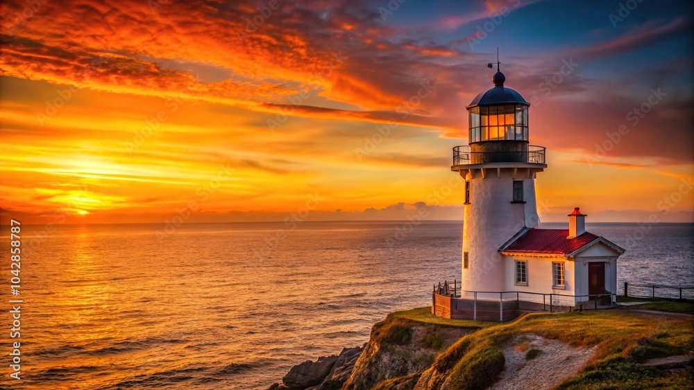 Lighthouse glowing in orange sunset light, symbolizing comfort and tranquility Lighthouse glowing in orange sunset light, symbolizing comfort and tranquility