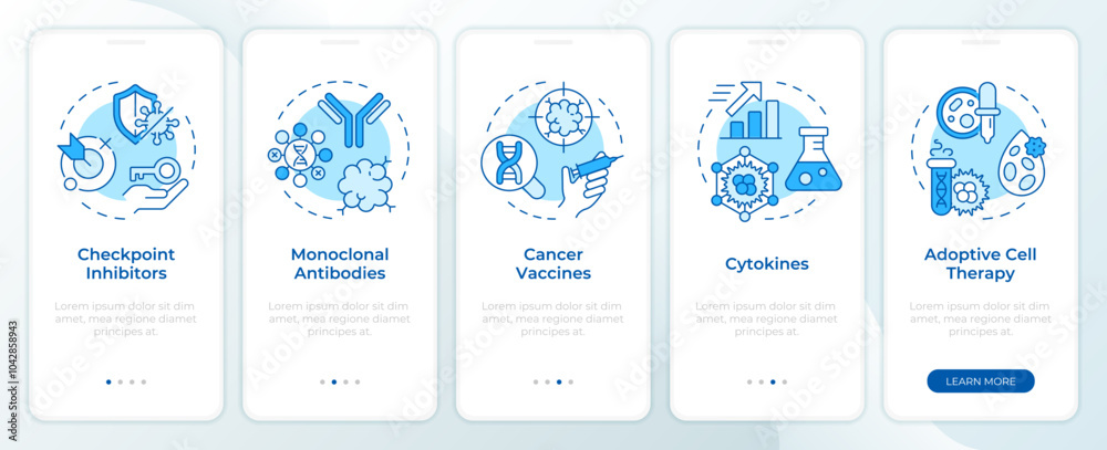 Fototapeta premium Immunotherapy types blue onboarding mobile app screen. Walkthrough 5 steps editable graphic instructions with linear concepts. UI, UX, GUI template. Montserrat SemiBold, Regular fonts used