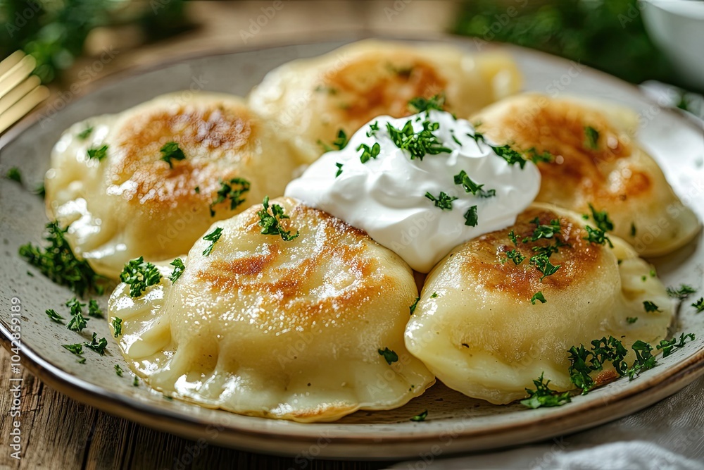 Fried dumplings topped with sour cream and parsley on a plate Fried dumplings topped with sour cream and parsley on a plate