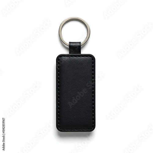 Black rectangular leather keychain isolated on white background