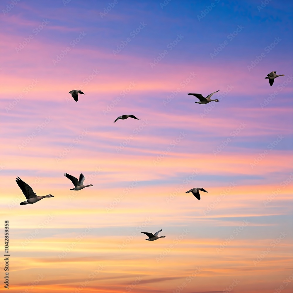 Fototapeta premium Birds flying in the sunset sky