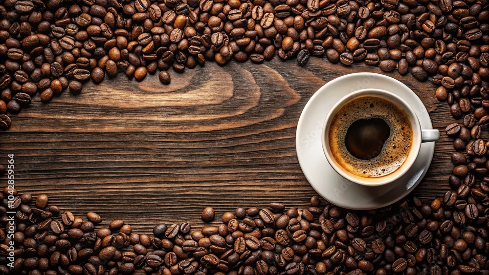 Coffee cup surrounded by coffee beans from a high angle view