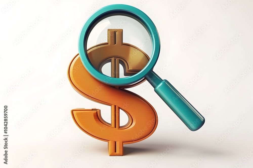 3D Finance Icon with Magnifying Glass Over Dollar Symbol in Minimalist Design 3D Finance Icon with Magnifying Glass Over Dollar Symbol in Minimalist Design