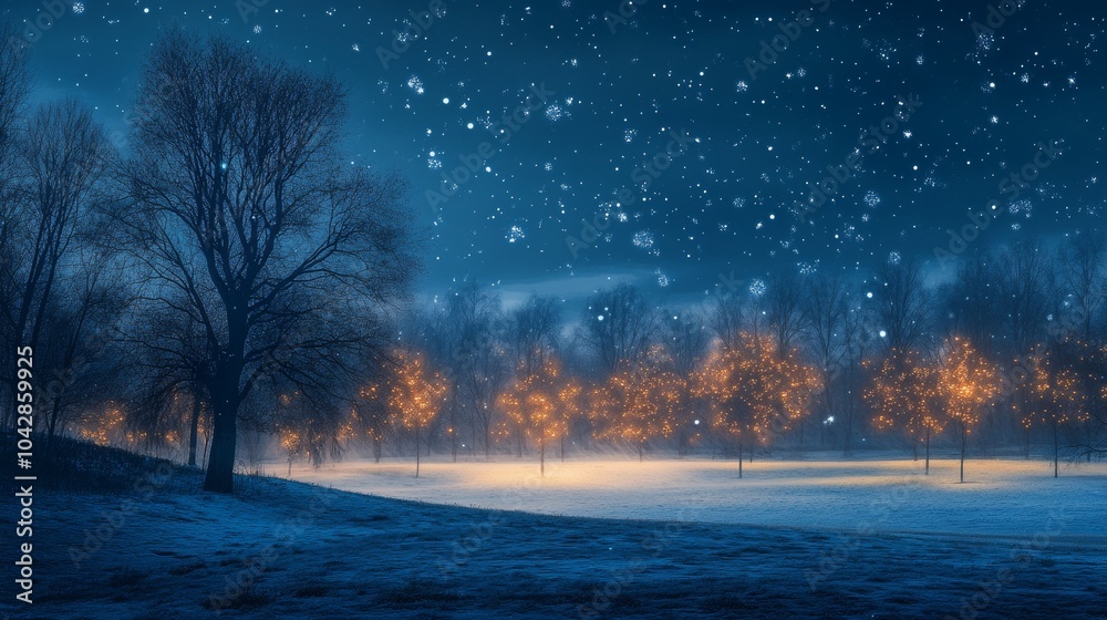 A serene winter landscape with softly glowing trees under a starry sky and gentle snowfall. A serene winter landscape with softly glowing trees under a starry sky and gentle snowfall.