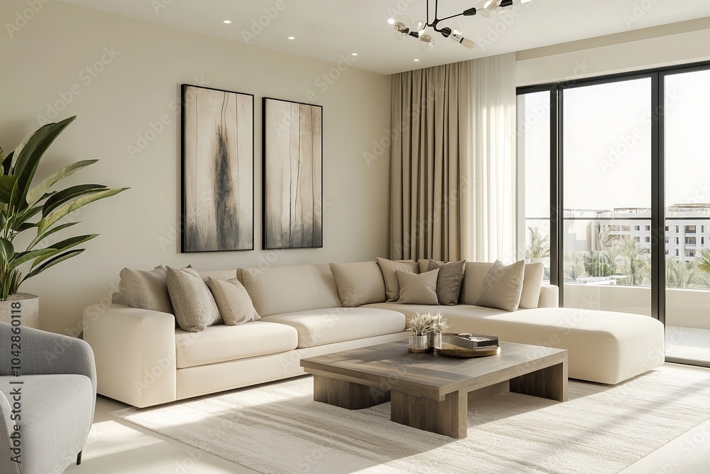 Modern living room with a neutral-toned sectional sofa, wooden coffee table, and large windows Modern living room with a neutral-toned sectional sofa, wooden coffee table, and large windows
