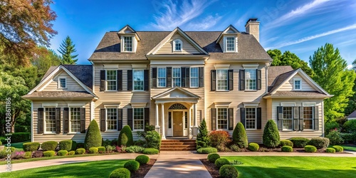 Colonial style house in upscale neighborhood with leading lines