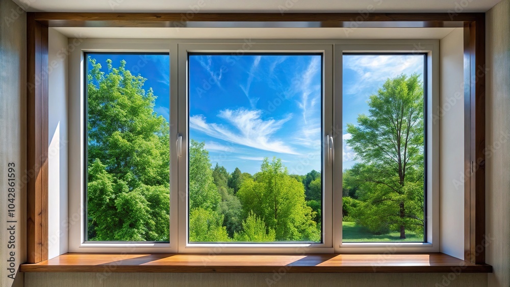 Fototapeta premium Extreme close-up of modern residential window with trees and sky in background