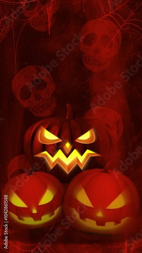 Happy Halloween animated red vertical background. 2D animation for stories and shorts. Halloween night, pumpkins, skull and spider.