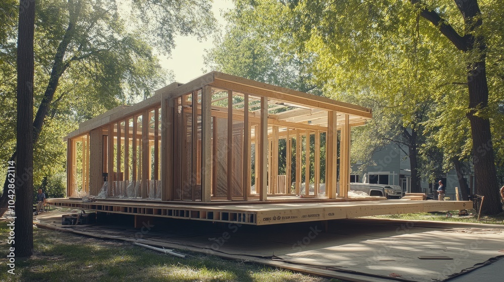 Fototapeta premium New home framework with prefabricated elements stacked nearby, ready for assembly.