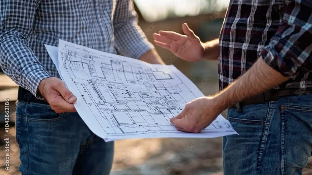 Engineer and architect reviewing construction drawings on site Engineer and architect reviewing construction drawings on site
