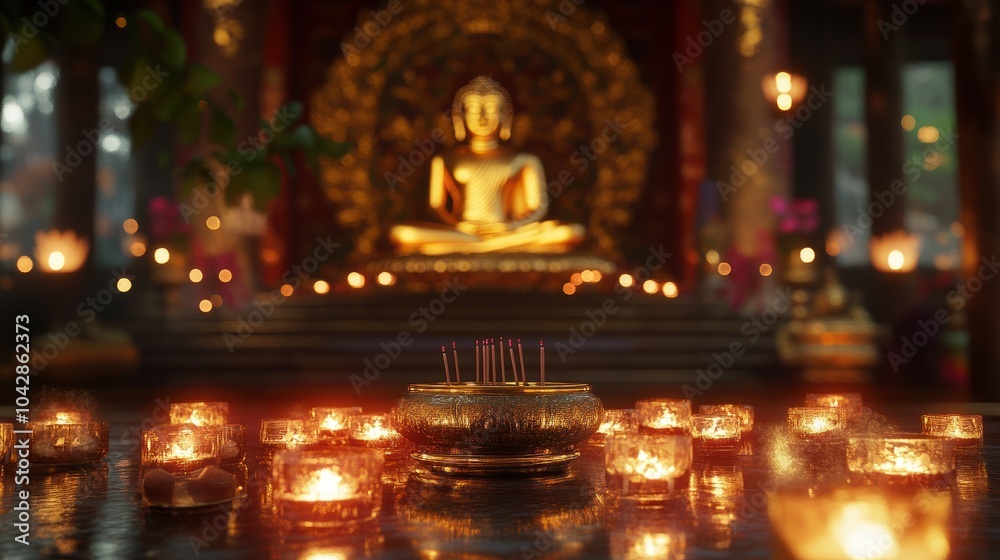 Fototapeta premium A serene image of a Buddhist temple hall, with a golden Buddha statue in the background, surrounded by candles and incense, creating a tranquil setting.